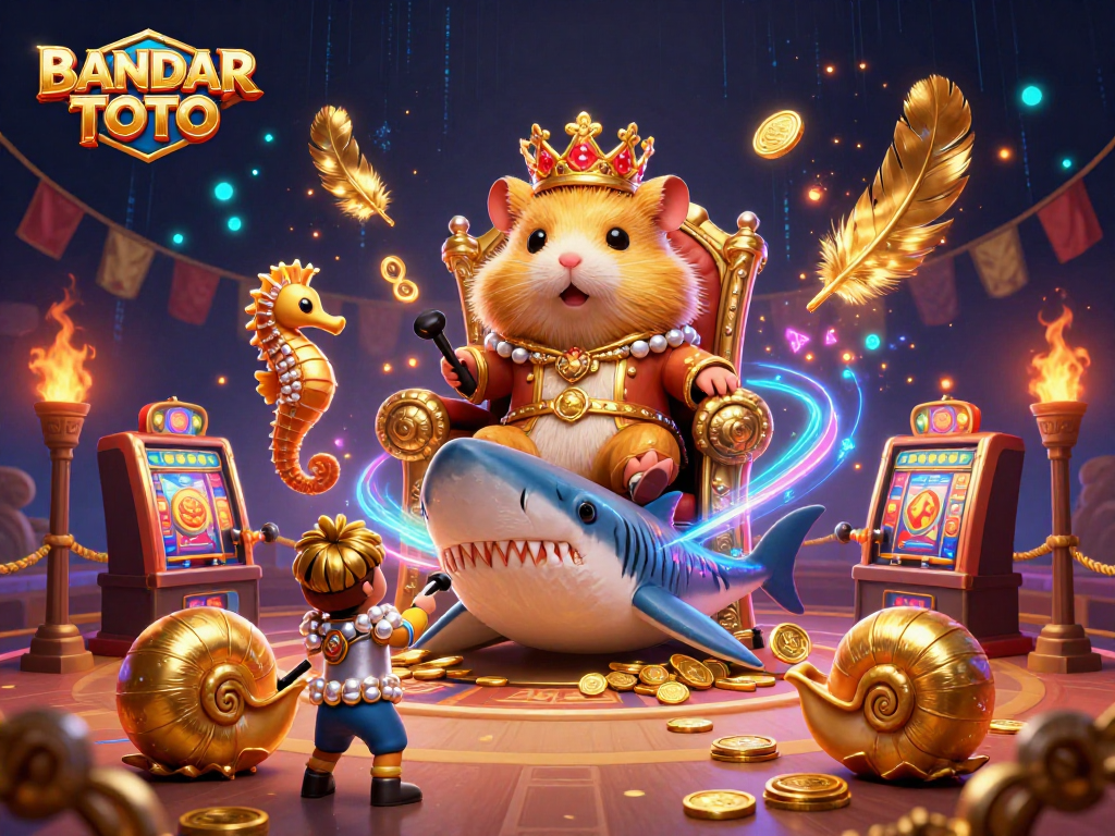 BANDAR TOTO showcases a fierce hamster king amid a dynamic gambling scene filled with slot machines and royal elements.