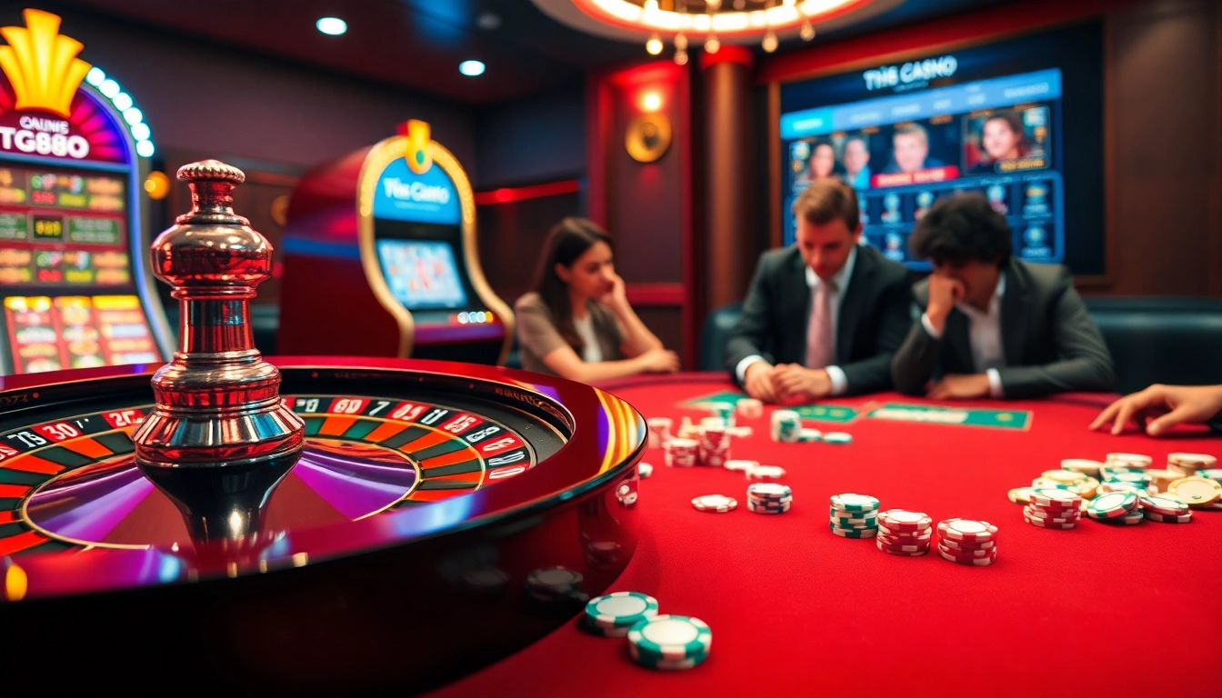 Experience thrilling gambling action at TG88 with vibrant casino tables and slot machines.