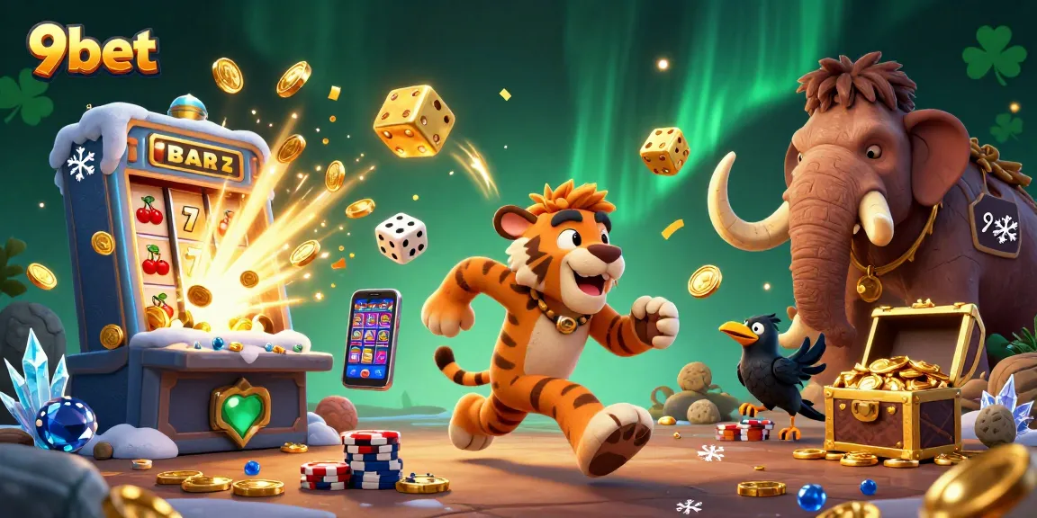 Engage with 9bet's exciting prehistoric casino scene featuring cartoon characters and dynamic gaming elements.