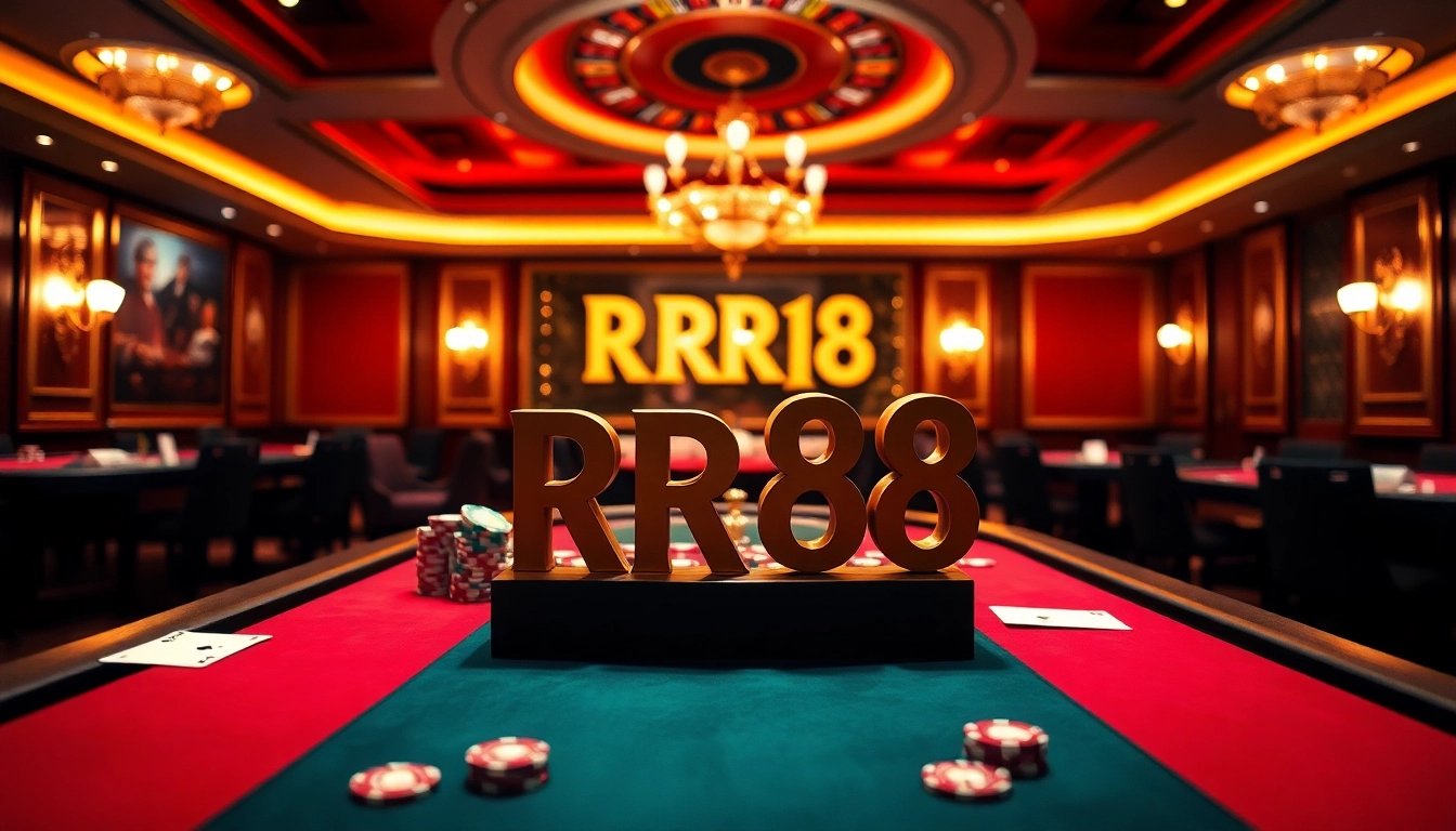 Experience high-stakes gambling at RR88 with poker chips and cards on an elegant casino table.