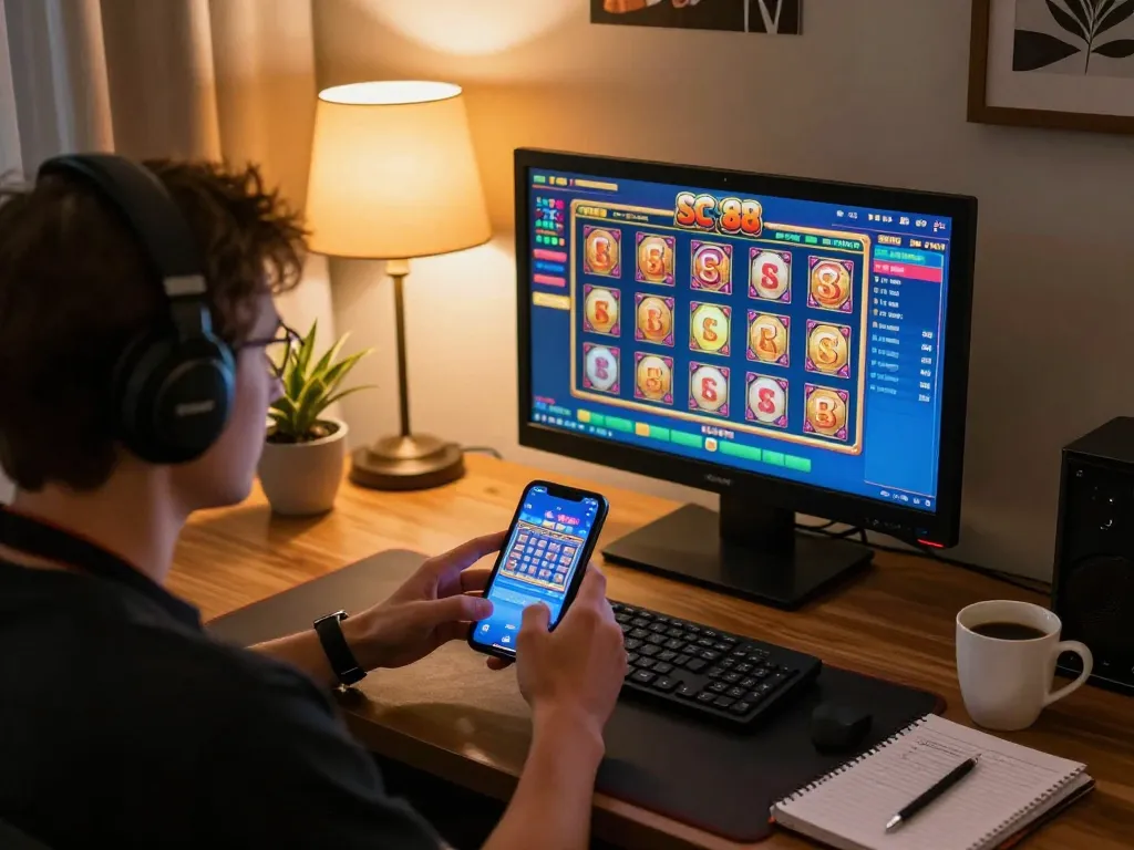 Player enjoying SC 88 slot game on mobile app, showcasing strategic online gambling