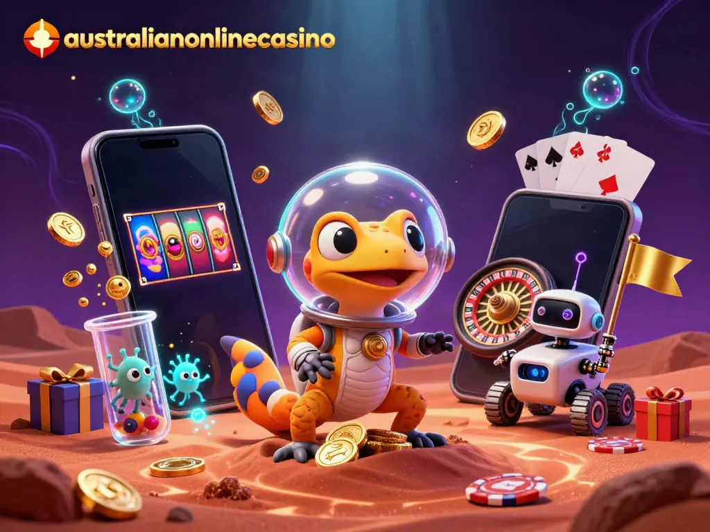 Catch an exciting adventure at australianonlinecasino with a Martian gecko discovering a golden casino.