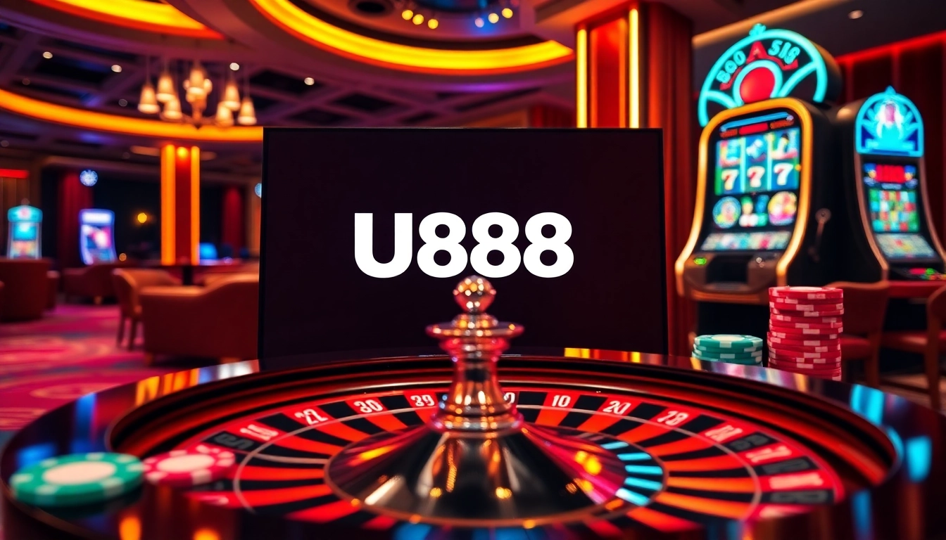 A vibrant casino environment featuring U888's logo with roulette wheels, poker chips, and slot machines.