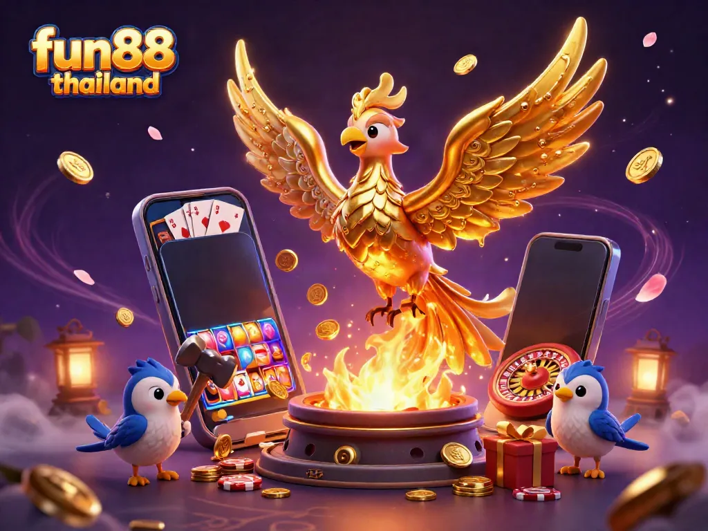Experience the vibrant world of fun88 thailand with a molten golden phoenix amidst casino elements.