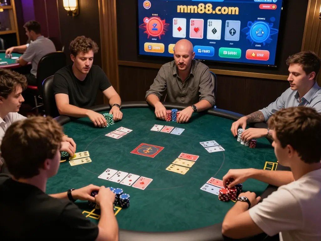 Engaged players enjoying online poker at mm88.com, showing strategic gameplay in a lively virtual setting.