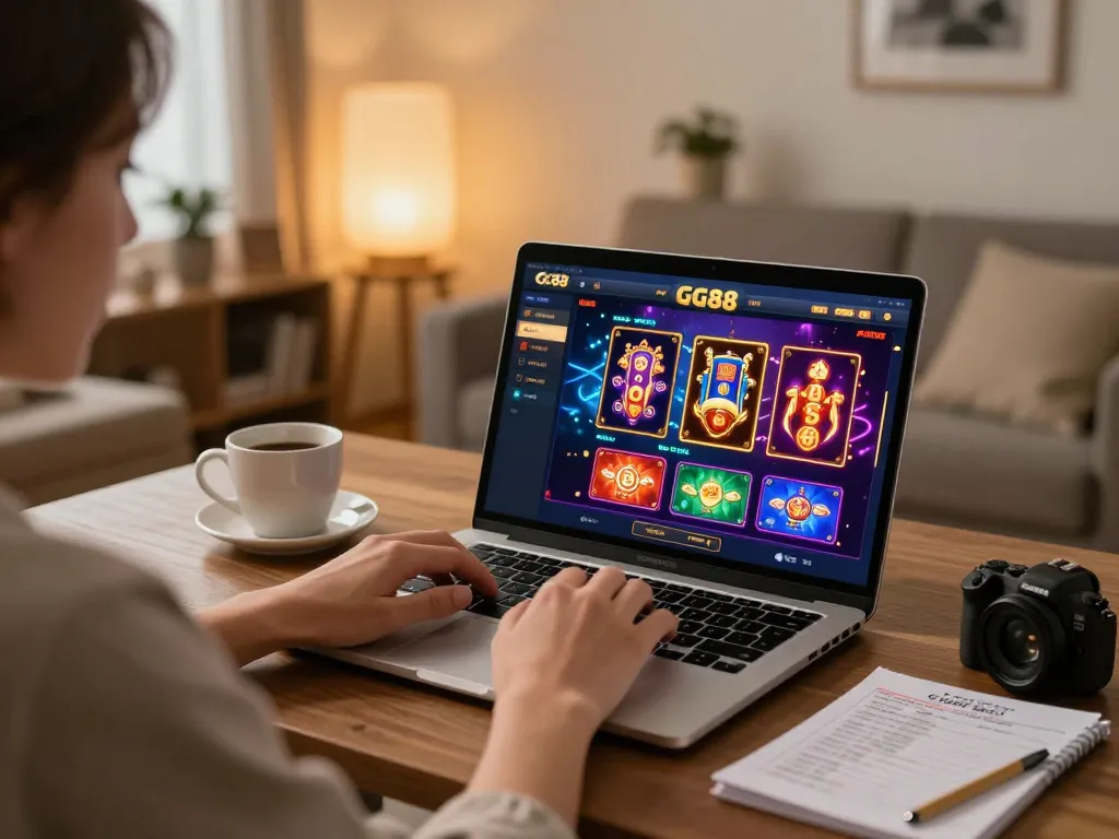 Engaging gaming at home with GG88 platform showing vibrant casino games on laptop screen