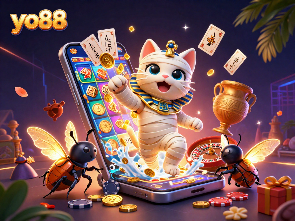 Experience yo88's thrilling gaming with a mummy cat and golden casino elements in vibrant 3D!