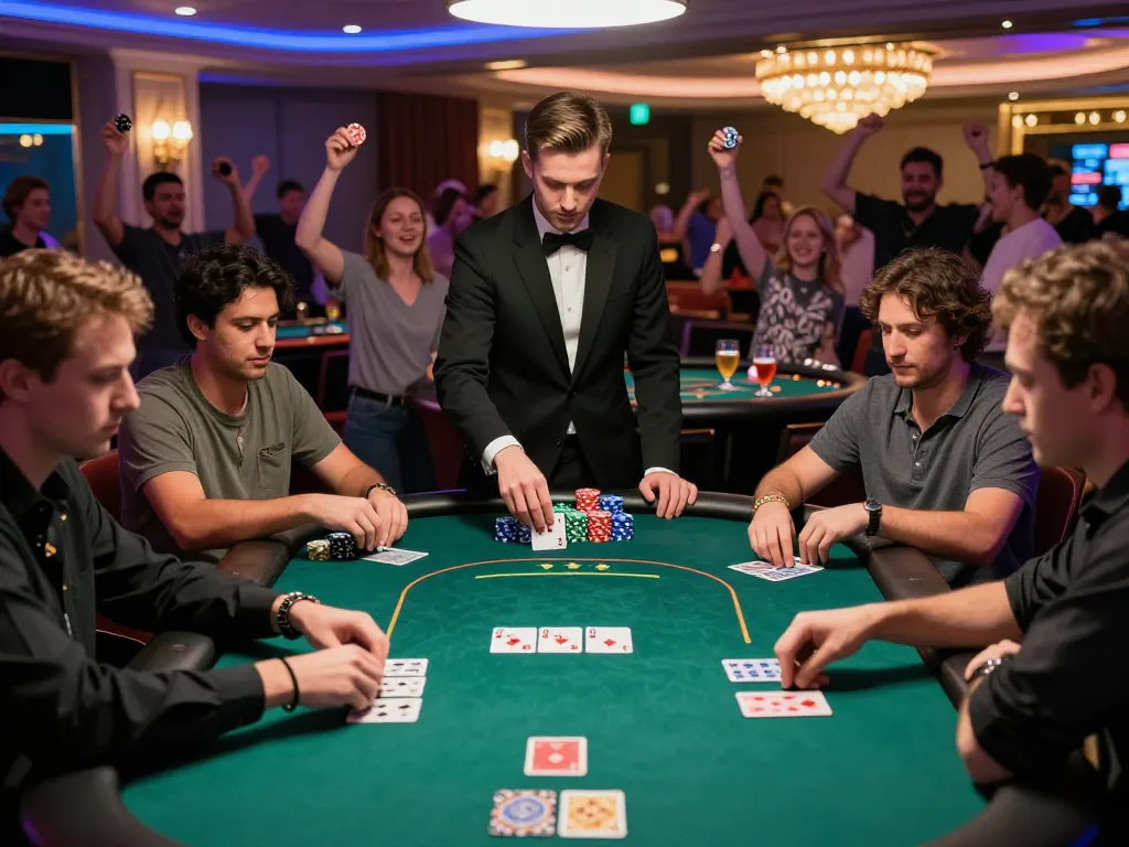 Engaging poker gameplay at five 88 casino, players strategizing while chips are stacked in a vibrant atmosphere.