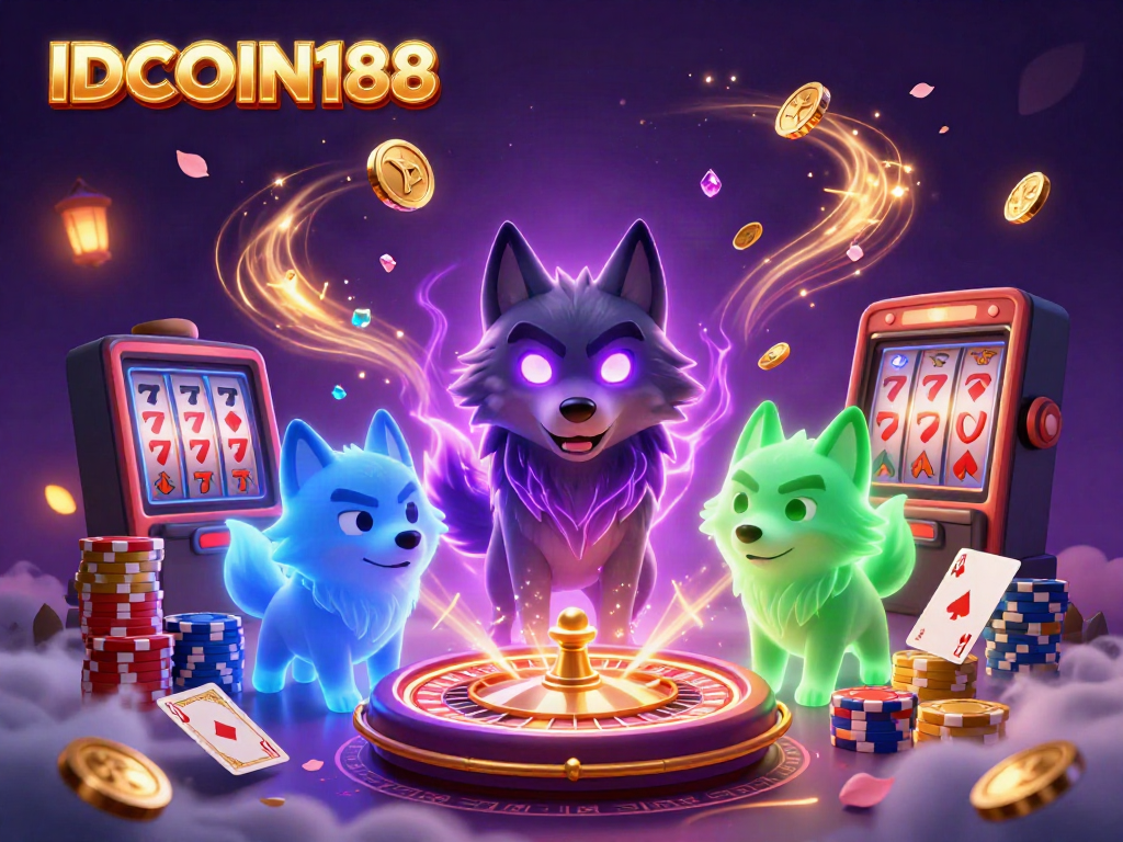 IDCOIN188 showcases gambling excitement with a cartoon wolf leader among particles, coins, and a roulette wheel.