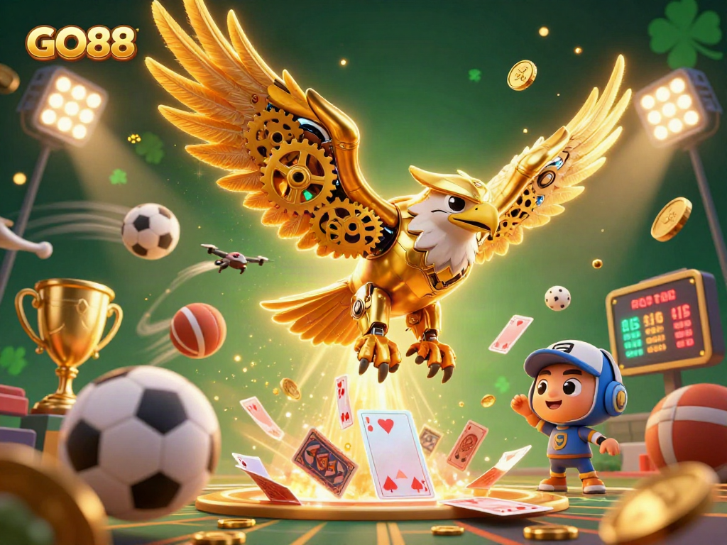 Experience GO88's thrilling gameplay with a cybernetic eagle amid energetic casino elements.