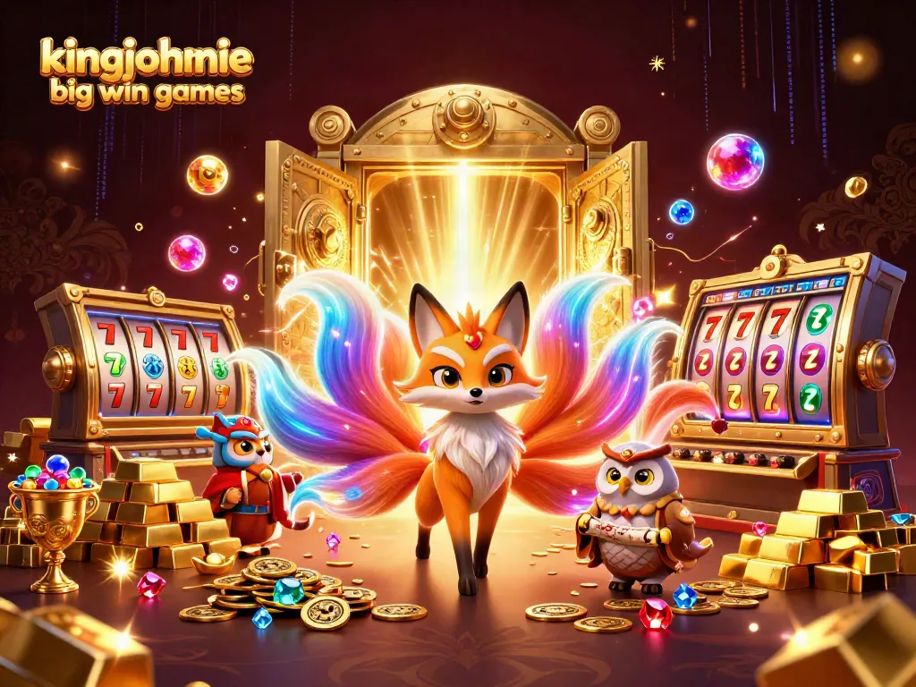 Experience kingjohnnie big win games with a vibrant 3D illustration featuring a fox spirit and owl sage amidst glowing treasures.