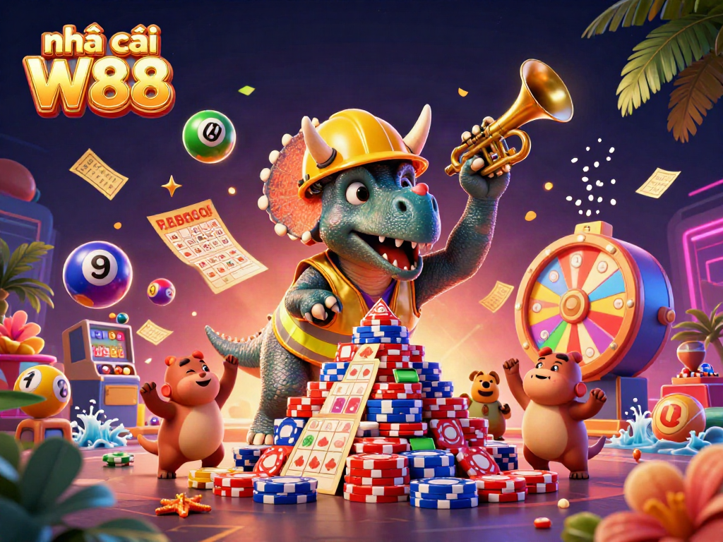 Enter the vibrant world of nhà cái W88 with a celebration of gaming featuring playful dinosaurs and casino elements.