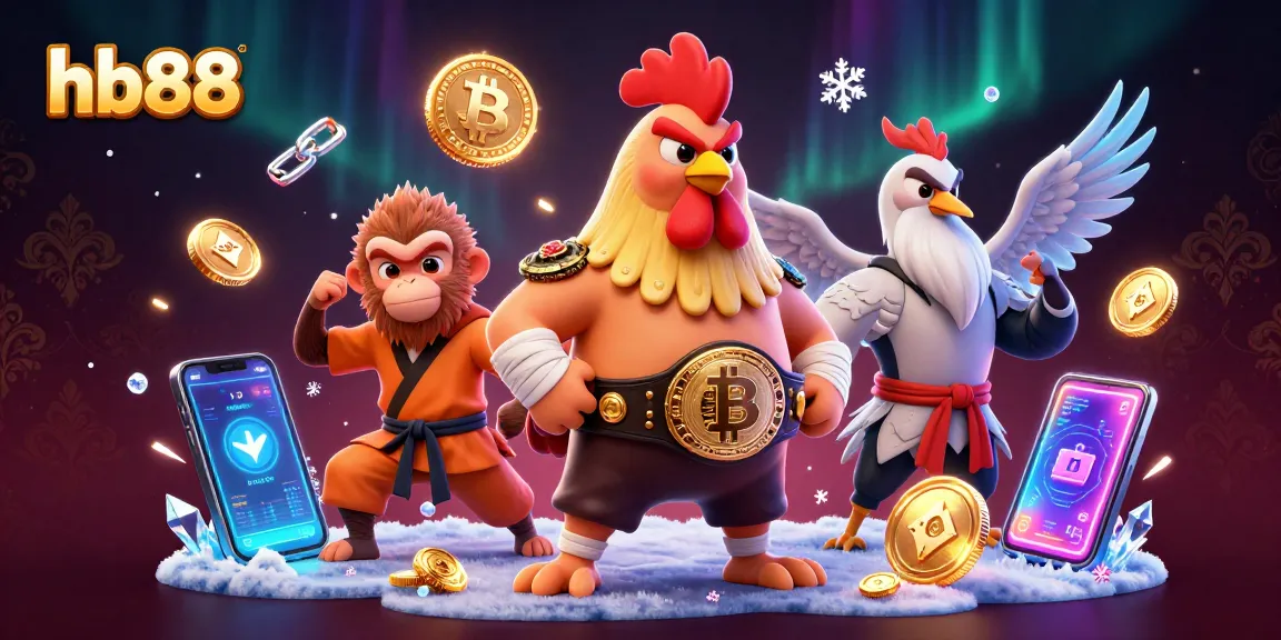 hb88 showcases a dynamic casino scene with martial arts characters and cryptocurrency elements.