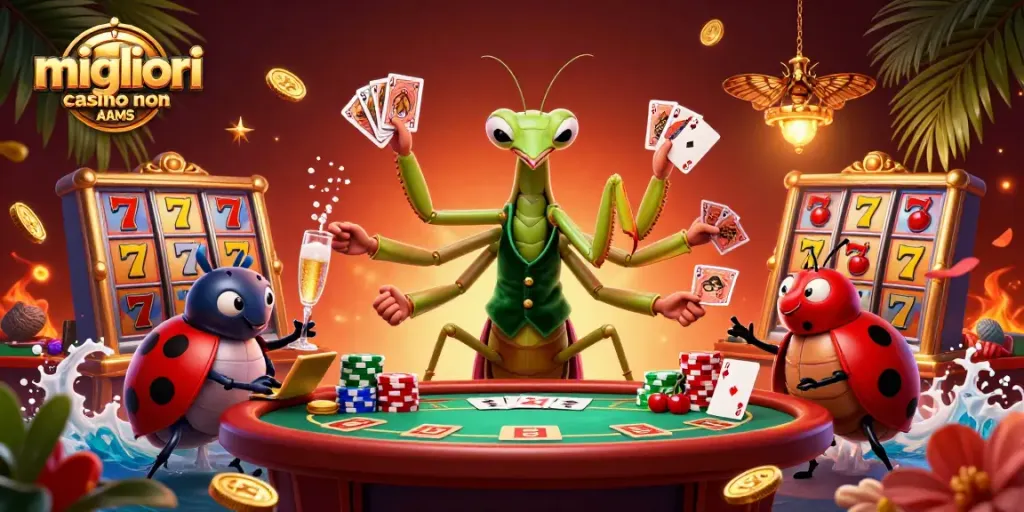 I migliori casino non AAMS animano il tavolo da gioco con slot, carte e un giocoliere colorato.