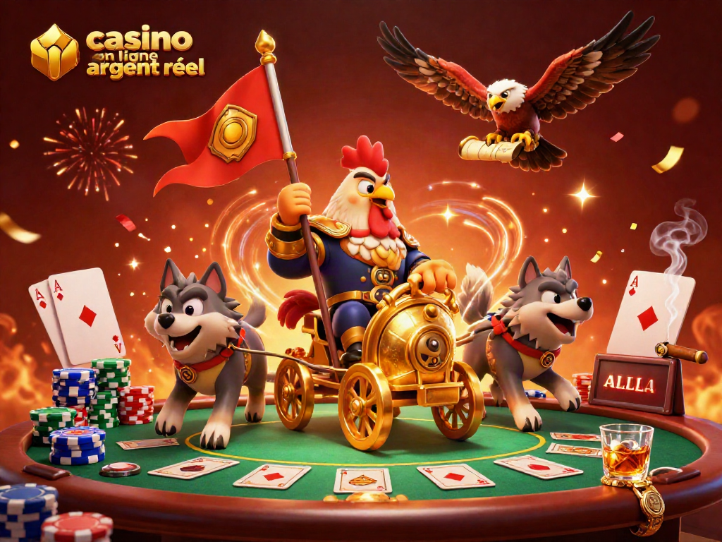 Expérimentez le frisson du casino en ligne argent réel avec une illustration dynamique remplie d'éléments de jeu.