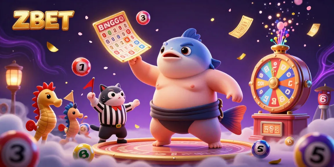 ZBET offers an exciting underwater gambling scene featuring a fugu in a sumo belt amidst lottery elements and vibrant visuals.