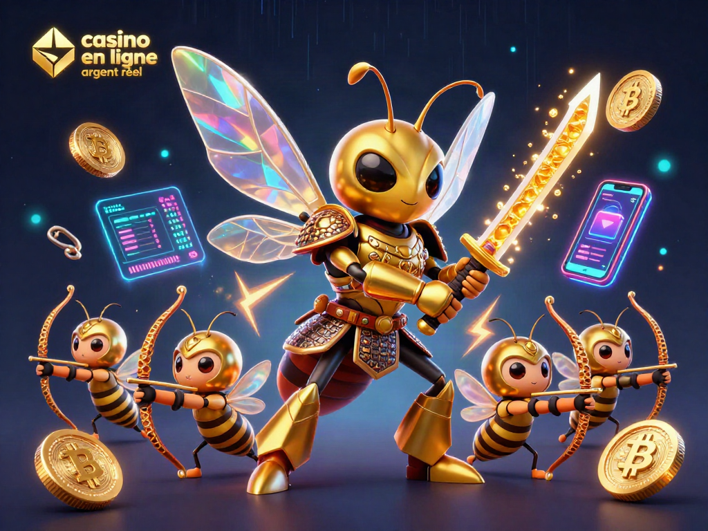 Illustration dynamique d'un hornet en armure samouraï promouvant casino en ligne argent réel avec des éléments de jeux.