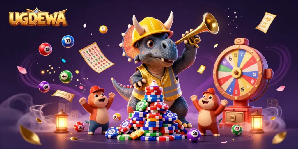 Experience thrilling gameplay with UGDEWA as colorful lottery balls bounce and characters celebrate winnings.