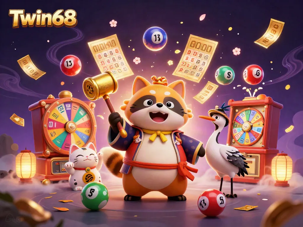 Twin68 lively scene showcasing a cheerful tanuki, crane, and maneki-neko characters amidst dynamic lottery elements.