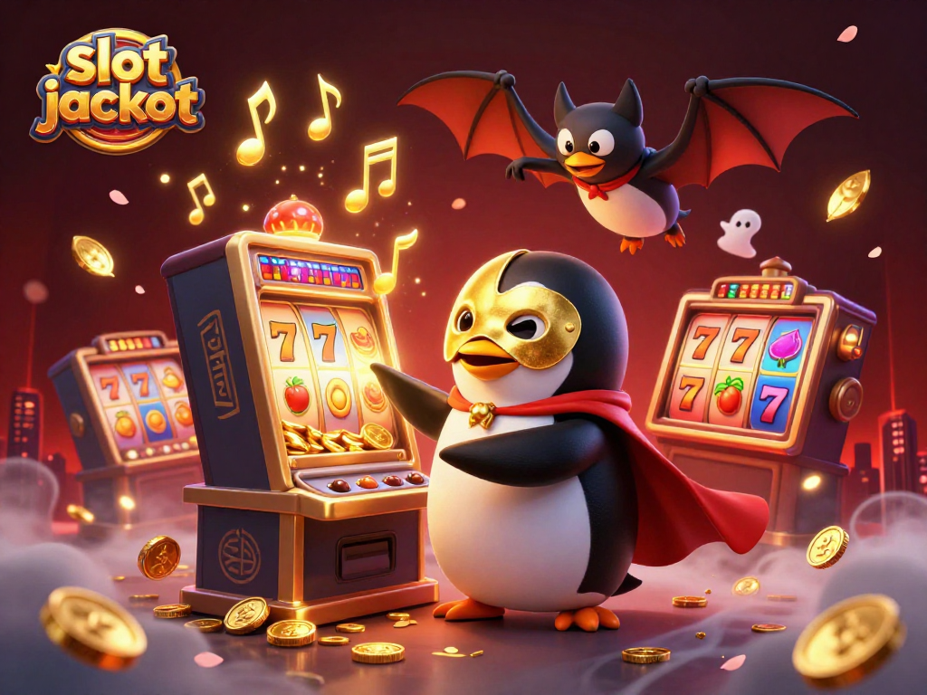 Engage in slot jackpot action with a penguin playing a lively slot machine, surrounded by vibrant game elements.