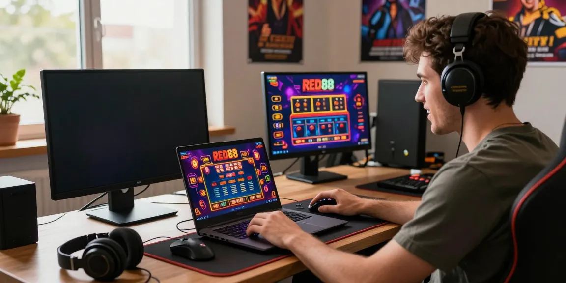 Engaging in online gambling on RED88 platform, showcasing casino graphics and gaming accessories.