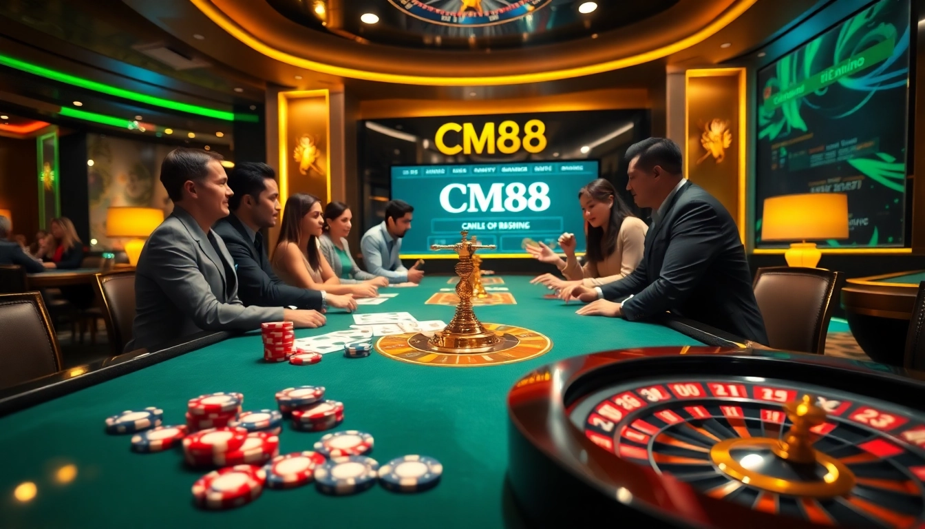 Exciting players at a CM88 casino table, vibrant games, and immersive online experience.