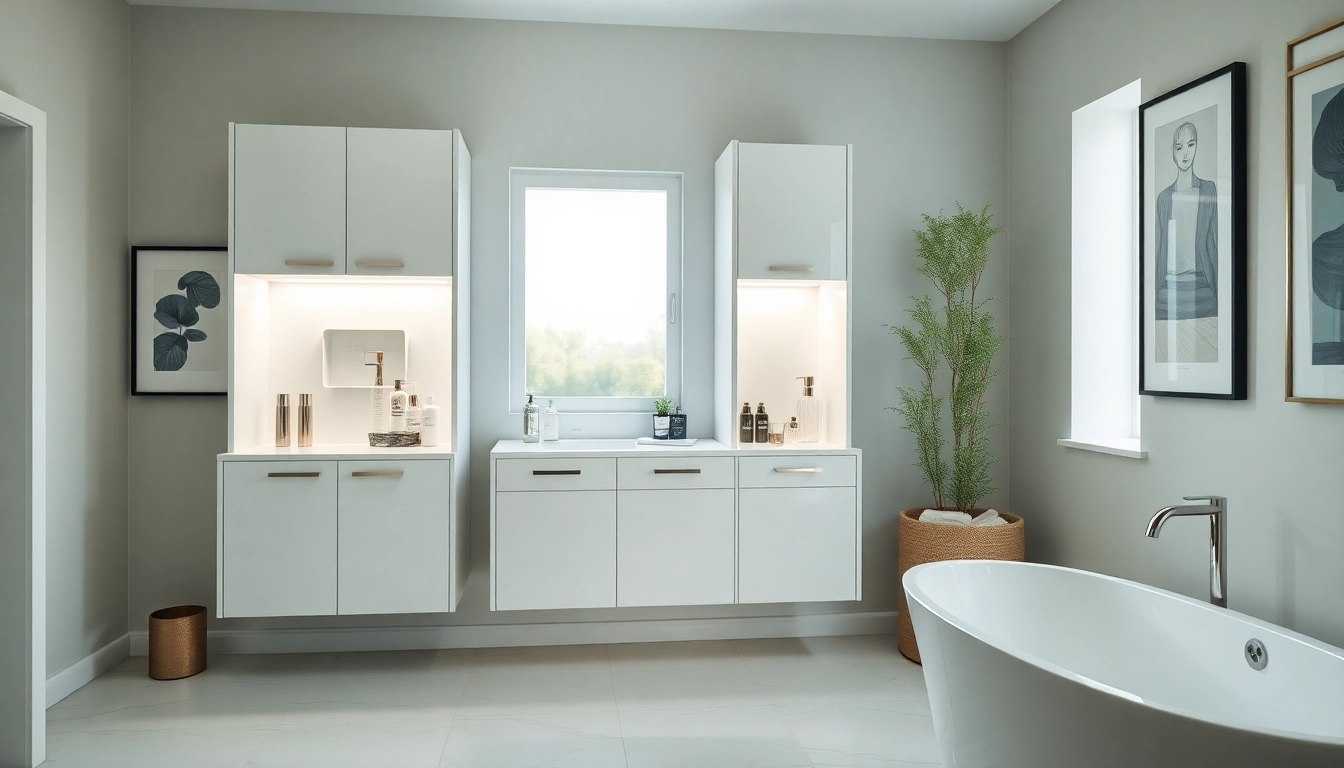 Showcase of illuminated bathroom cabinets reflecting elegant design in a modern bathroom setting.
