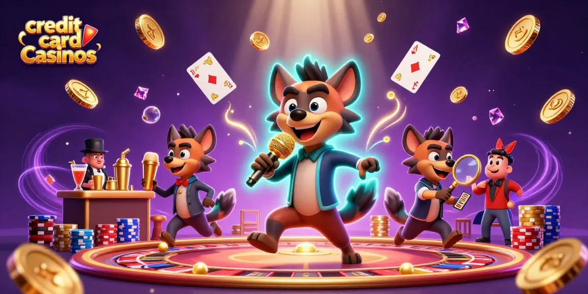 Engage with exciting credit card casinos as hyenas entertain with comedy and mix drinks in a vibrant casino.