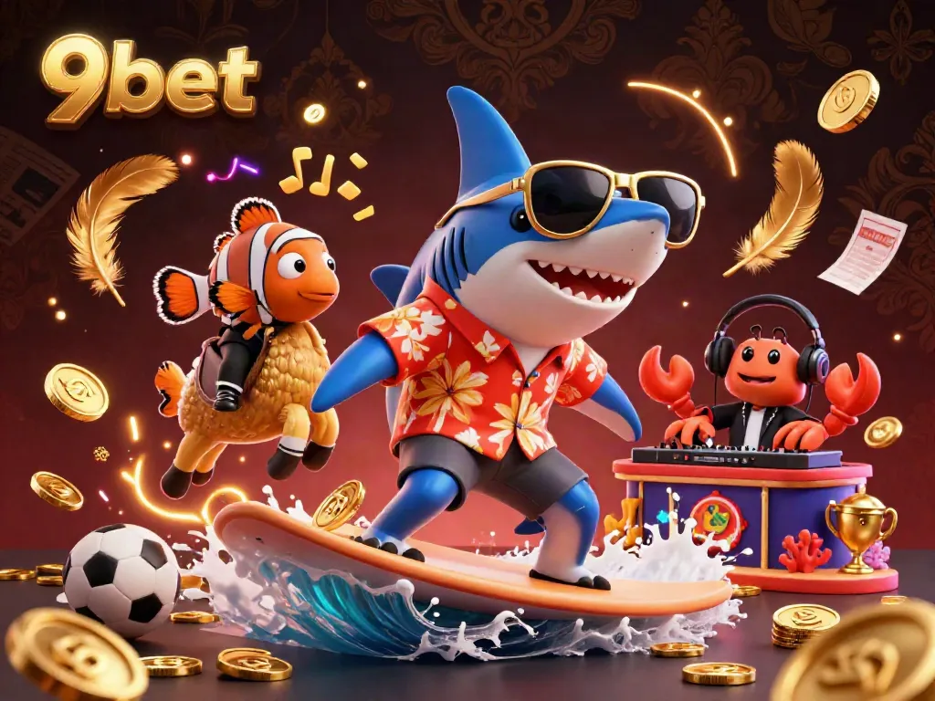 Experience exhilarating fun with 9bet's cartoon-themed gaming adventure, featuring a shark surfing on gold.