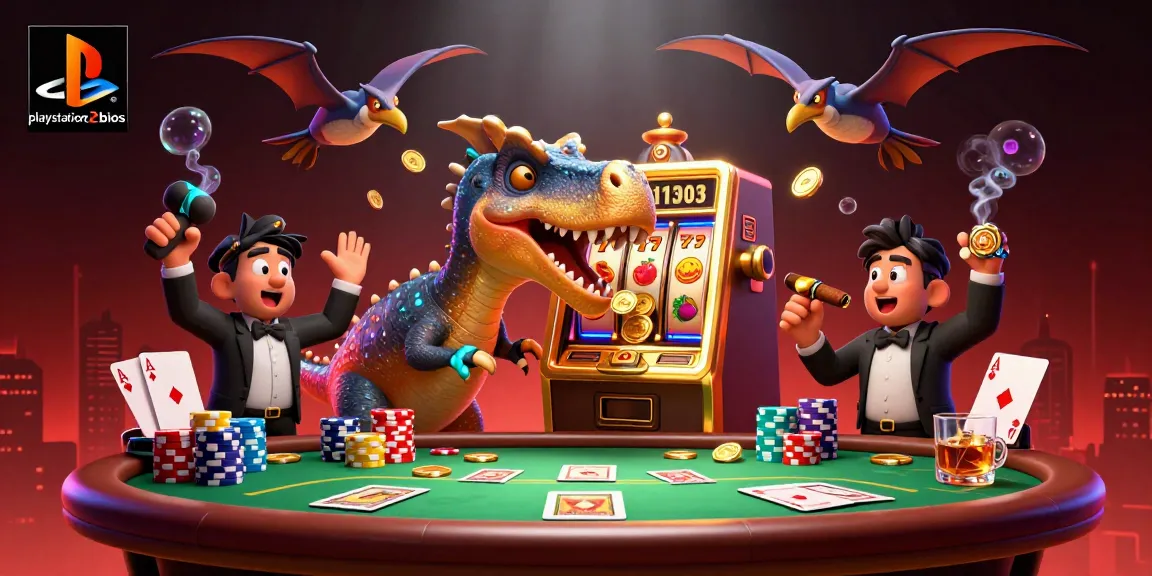 playstation2bios features a dynamic scene of a dinosaur winning at a casino, showcasing excitement and jackpot coins