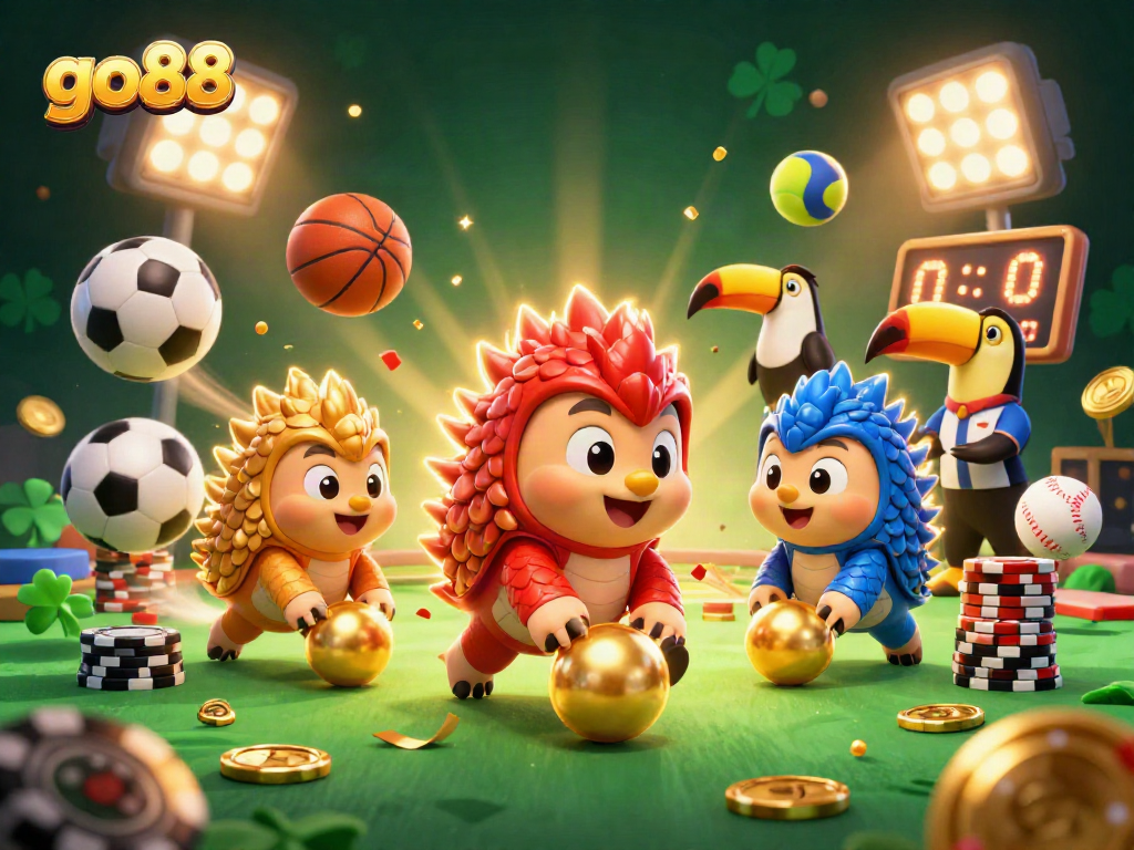 Engaging scene of go88 with rival pangolins in armor bowling through poker chips, full of action.