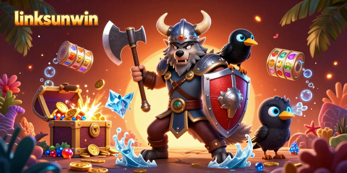 Experience the excitement of linksunwin with a 3D Viking wolf warrior in a vibrant casino scene.