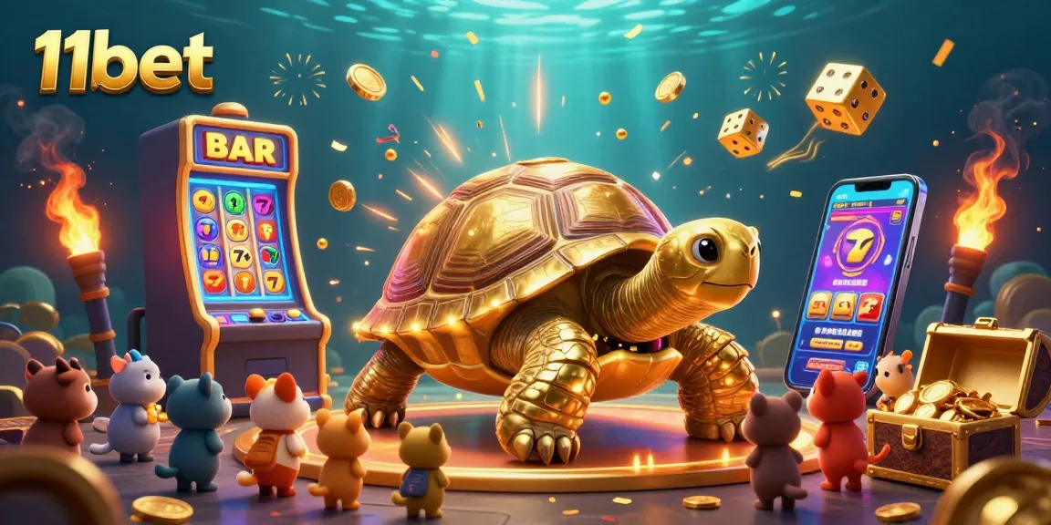 Experience the thrill of gaming at 11bet with a vibrant illustration of a colossal tortoise pinball machine and explosive jackpots.