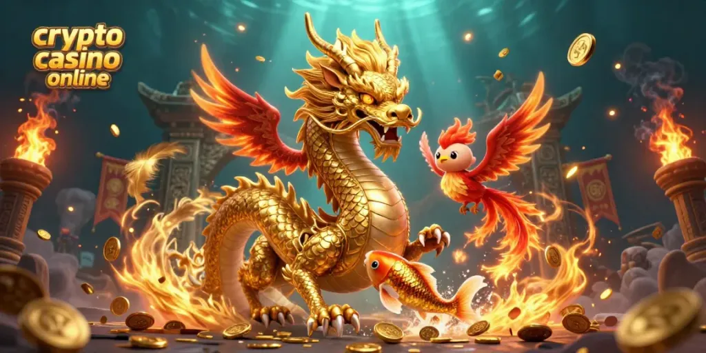Gioca nel crypto casino online circondato da un drago dorato e simboli vincenti.