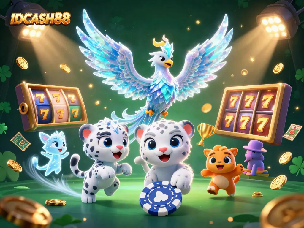 Experience the thrill of wins at IDCASH88 with a vibrant 3D casino illustration showcasing dynamic gameplay elements and characters.