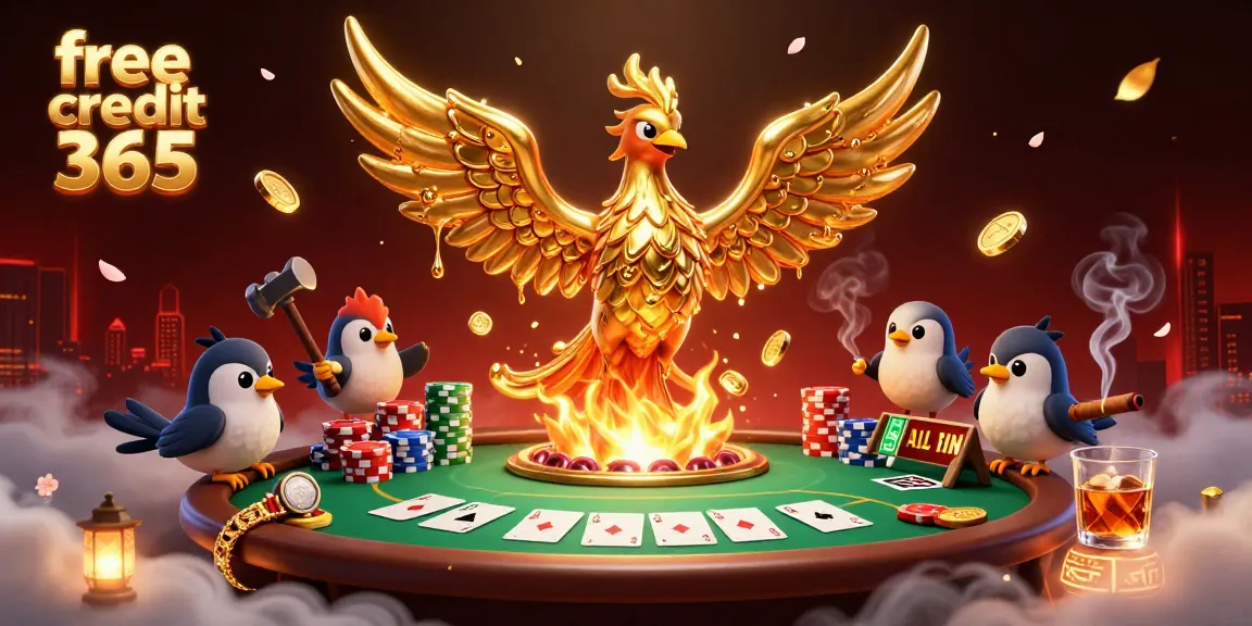 Experience the excitement of free credit 365 with a stunning illustration of a phoenix and poker elements.