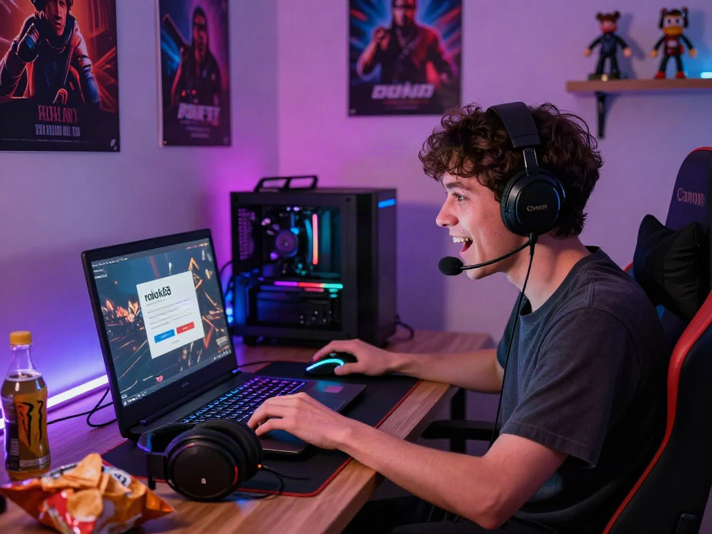 Gamer engaged in a session with rokok88 login on screen, cozy gaming environment with snacks and vibrant lights.