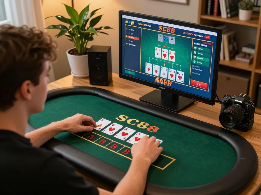 Player enjoying a focused session of SC88 blackjack on their home workstation while strategizing bets