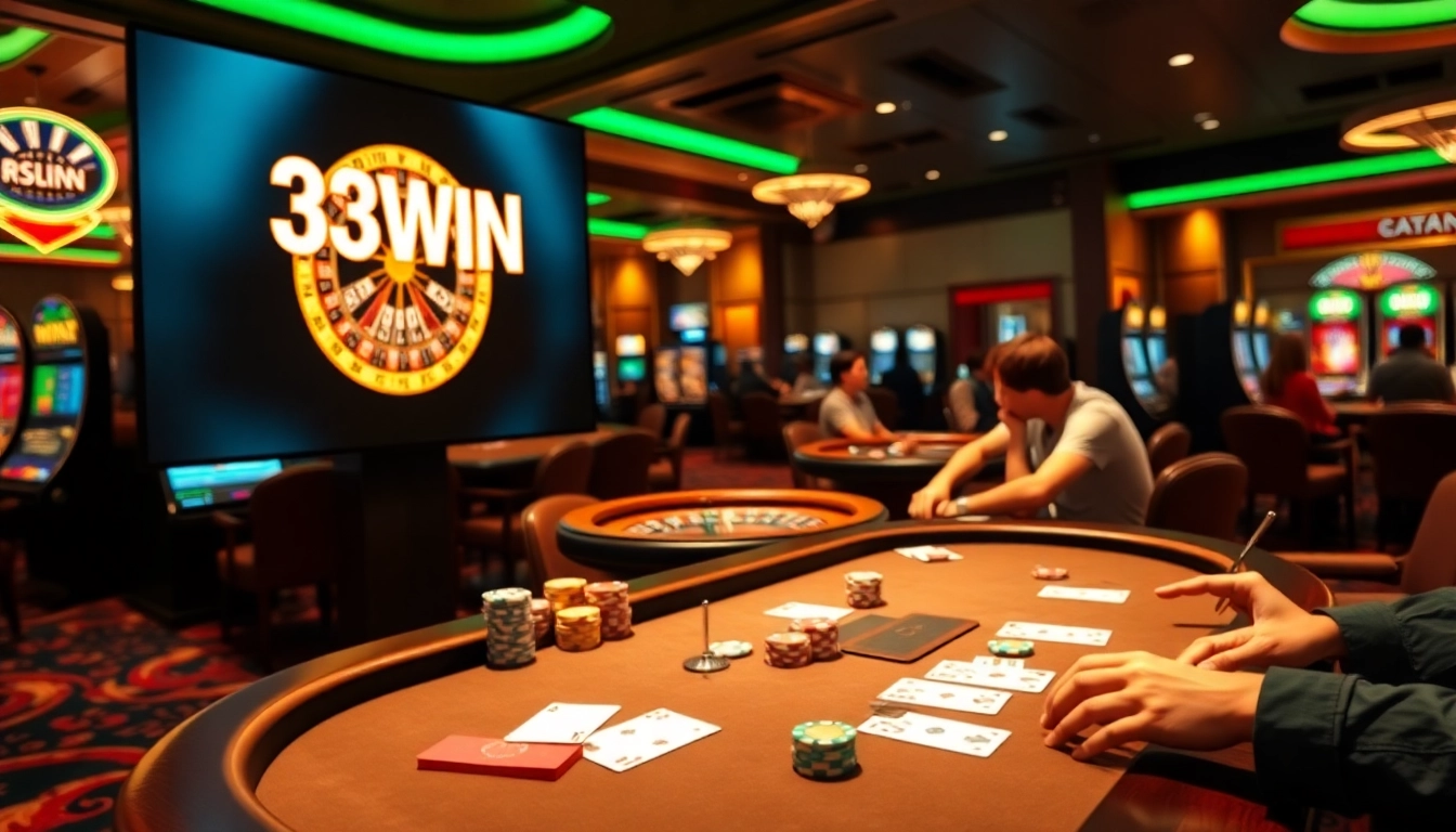 Experience the thrill of 33WIN with our luxurious casino scene featuring poker tables and roulette.