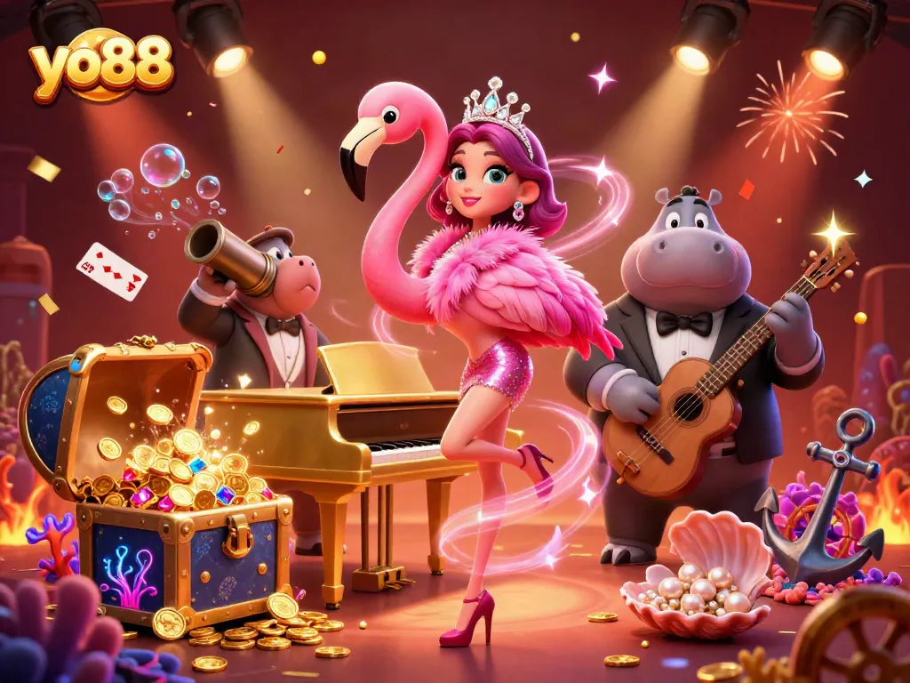 Experience the excitement of yo88 with a vibrant 3D casino scene featuring singing flamingo and hippo bassist.