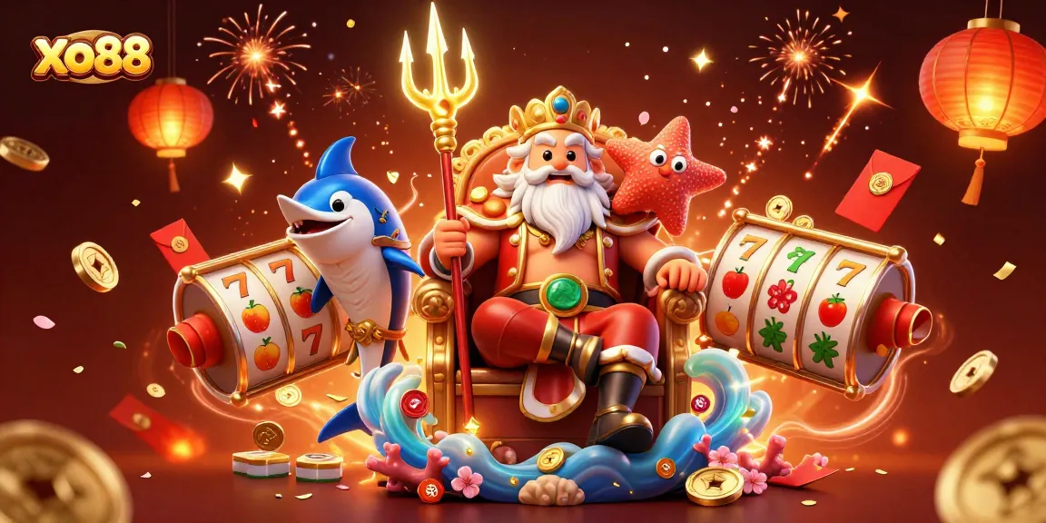 Engage with XO88's vibrant online gaming scene featuring Neptune and slot reels.