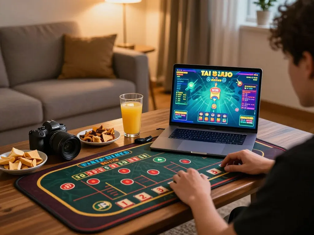 Player enjoying tai xiu md5 on laptop in a cozy home setup, illustrating online gambling entertainment.