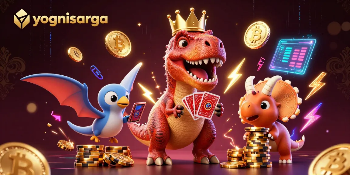 Engage with yognisarga’s thrilling card games illustrated by a T-Rex and friends in an electrifying casino scene.
