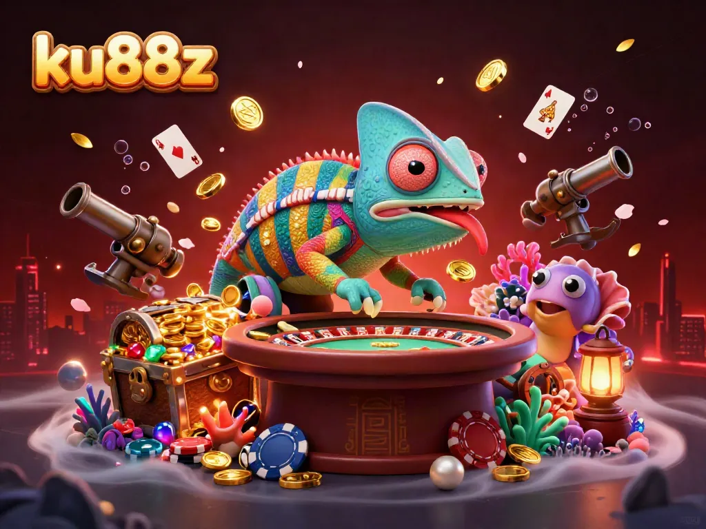 Experience the vibrant world of ku88z with a colorful chameleon casino owner amidst gold and gem explosions.