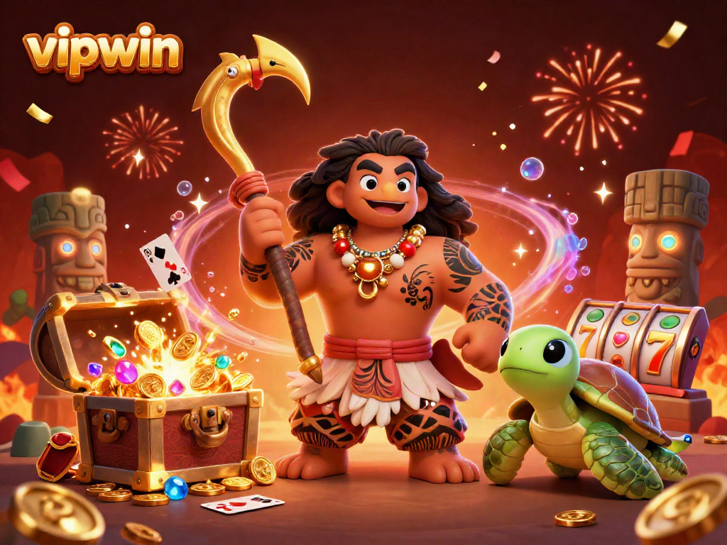 Engage with vipwin's vibrant casino world through a dynamic scene featuring a Polynesian demigod, treasure, and playful elements.