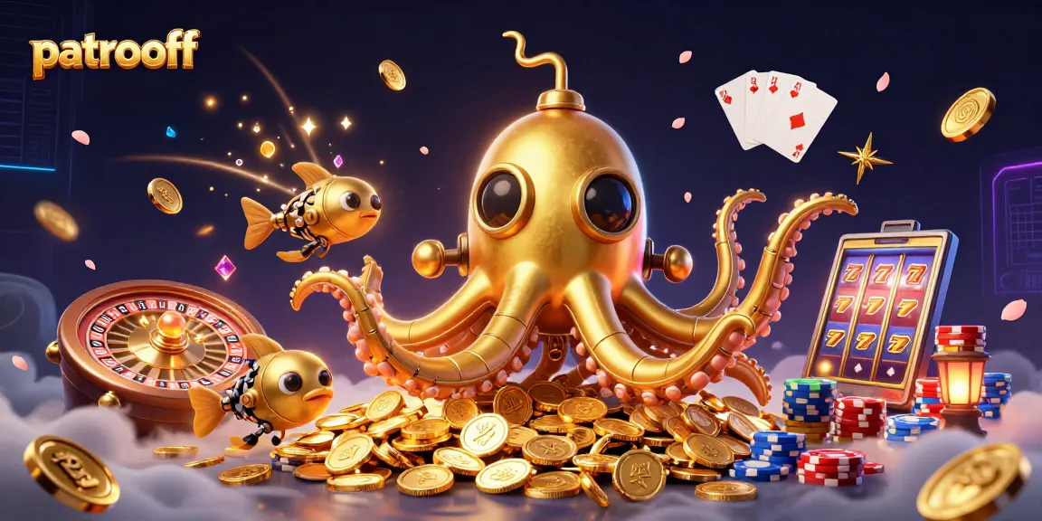 Engage with the thrilling world of patroloff featuring a golden kraken submarine amid swirling gold coins and slot reels.