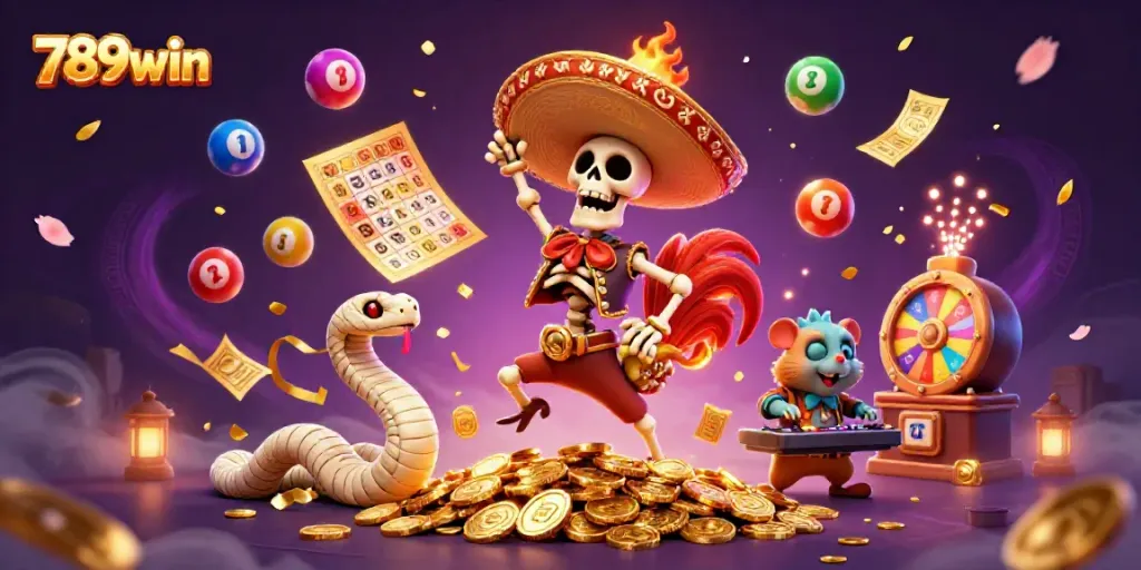 Experience the thrill of 789win with vibrant characters celebrating amidst a colorful casino scene.