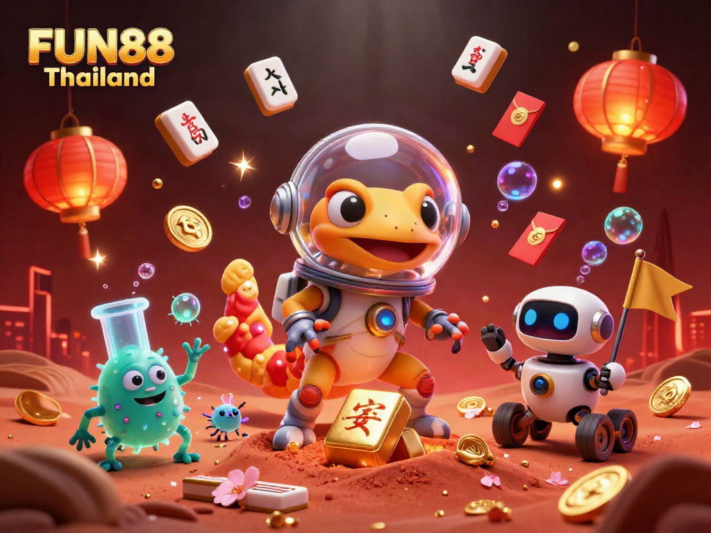 Experience excitement at FUN88 Thailand with a Martian gecko discovering a golden casino in this vibrant scene.
