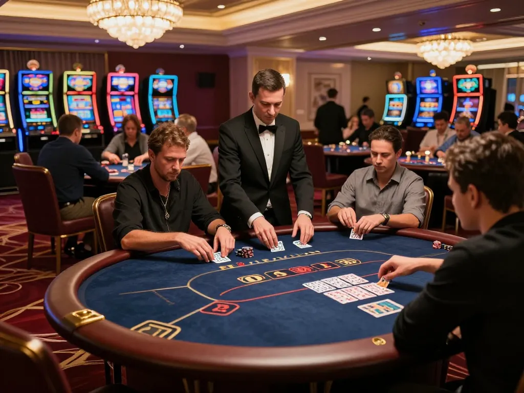 Players engaging in strategic gameplay at 789 poker tables in an elegant casino.
