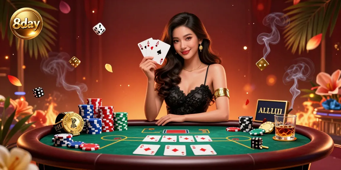 Create an immersive experience at 8day casino with a stunning illustration of a graceful woman holding ace cards amidst a vibrant gaming atmosphere.